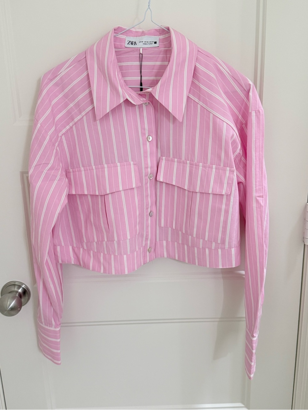 Zara Pink & White Striped Cropped Shirt Jacket